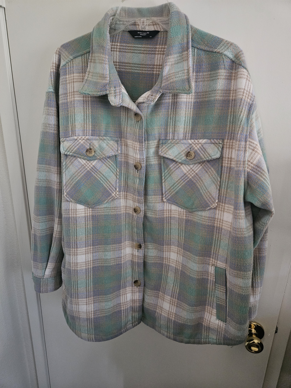 Plaid Button-Front Shacket in Pastel Green and Cream